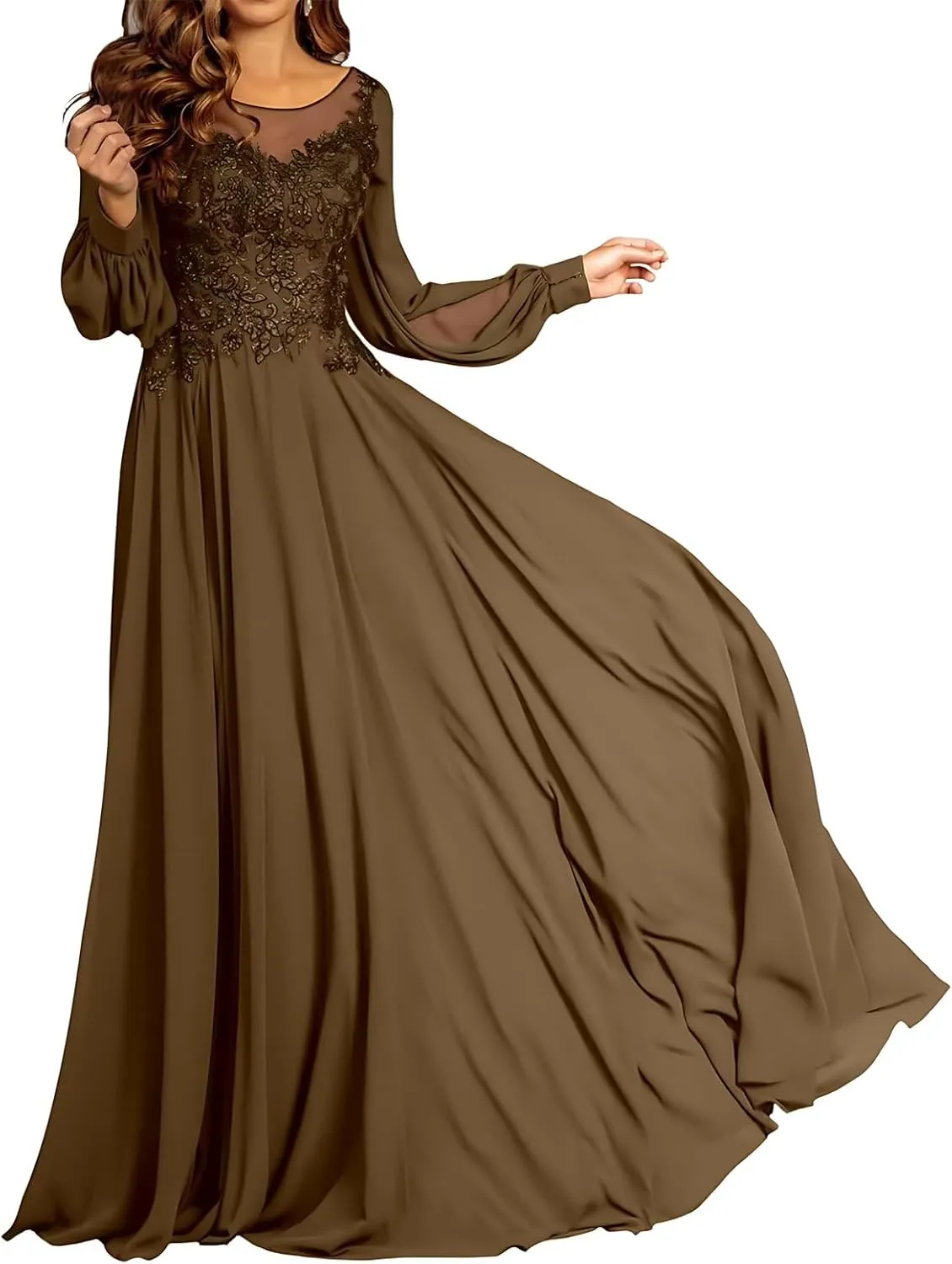 Lace Applique Chiffon Mother of The Bride Dresses for Wedding A-Line Crew Neck Long Sleeves Maxi Formal Evening Dress