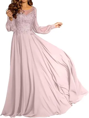 Lace Applique Chiffon Mother of The Bride Dresses for Wedding A-Line Crew Neck Long Sleeves Maxi Formal Evening Dress