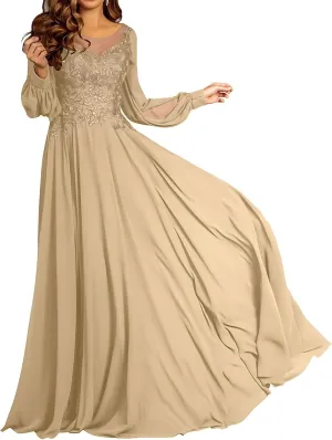 Lace Applique Chiffon Mother of The Bride Dresses for Wedding A-Line Crew Neck Long Sleeves Maxi Formal Evening Dress