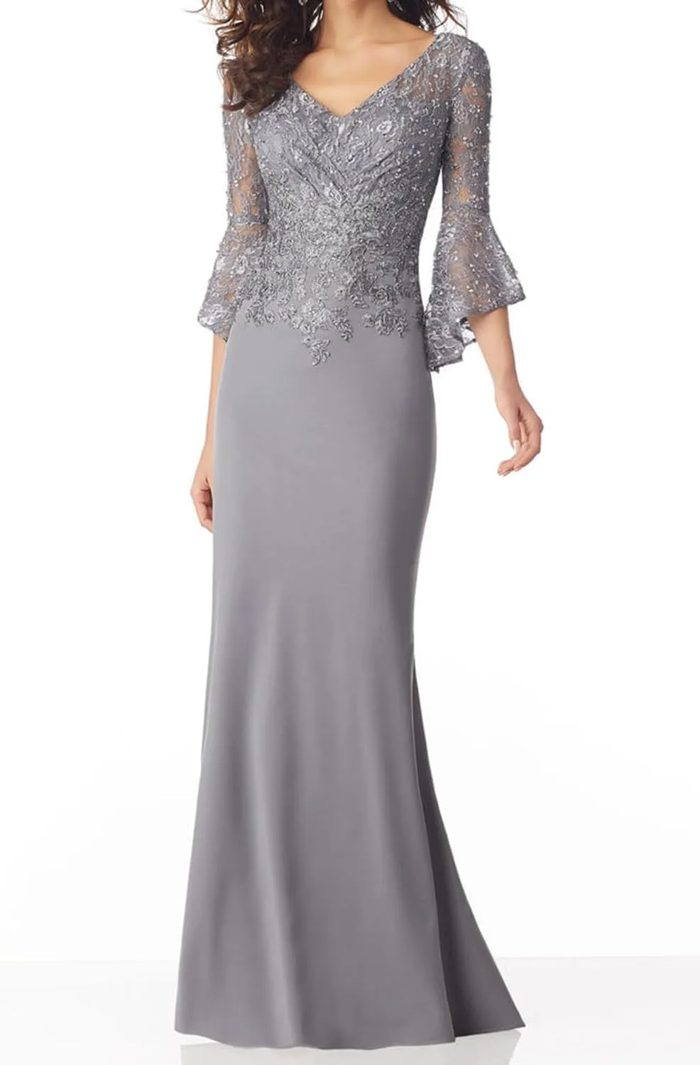 Lace Applique Mermaid Mother of The Bride Dresses with Sleeves Chiffon Formal Dress Empire Waist Evening Dresses for Women