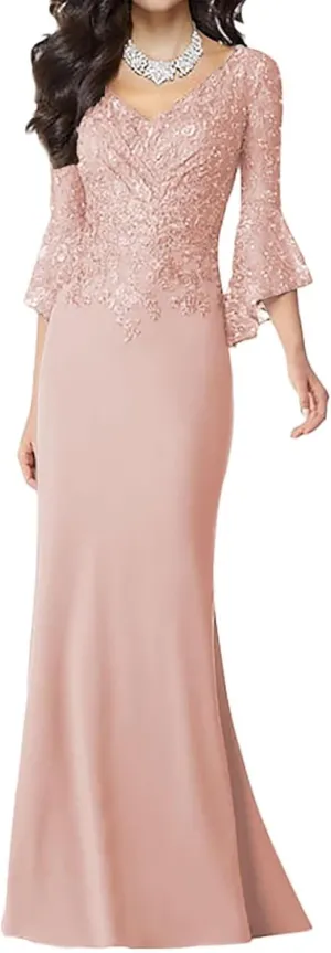 Lace Applique Mermaid Mother of The Bride Dresses with Sleeves Chiffon Formal Dress Empire Waist Evening Dresses for Women