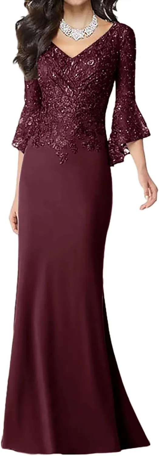 Lace Applique Mermaid Mother of The Bride Dresses with Sleeves Chiffon Formal Dress Empire Waist Evening Dresses for Women
