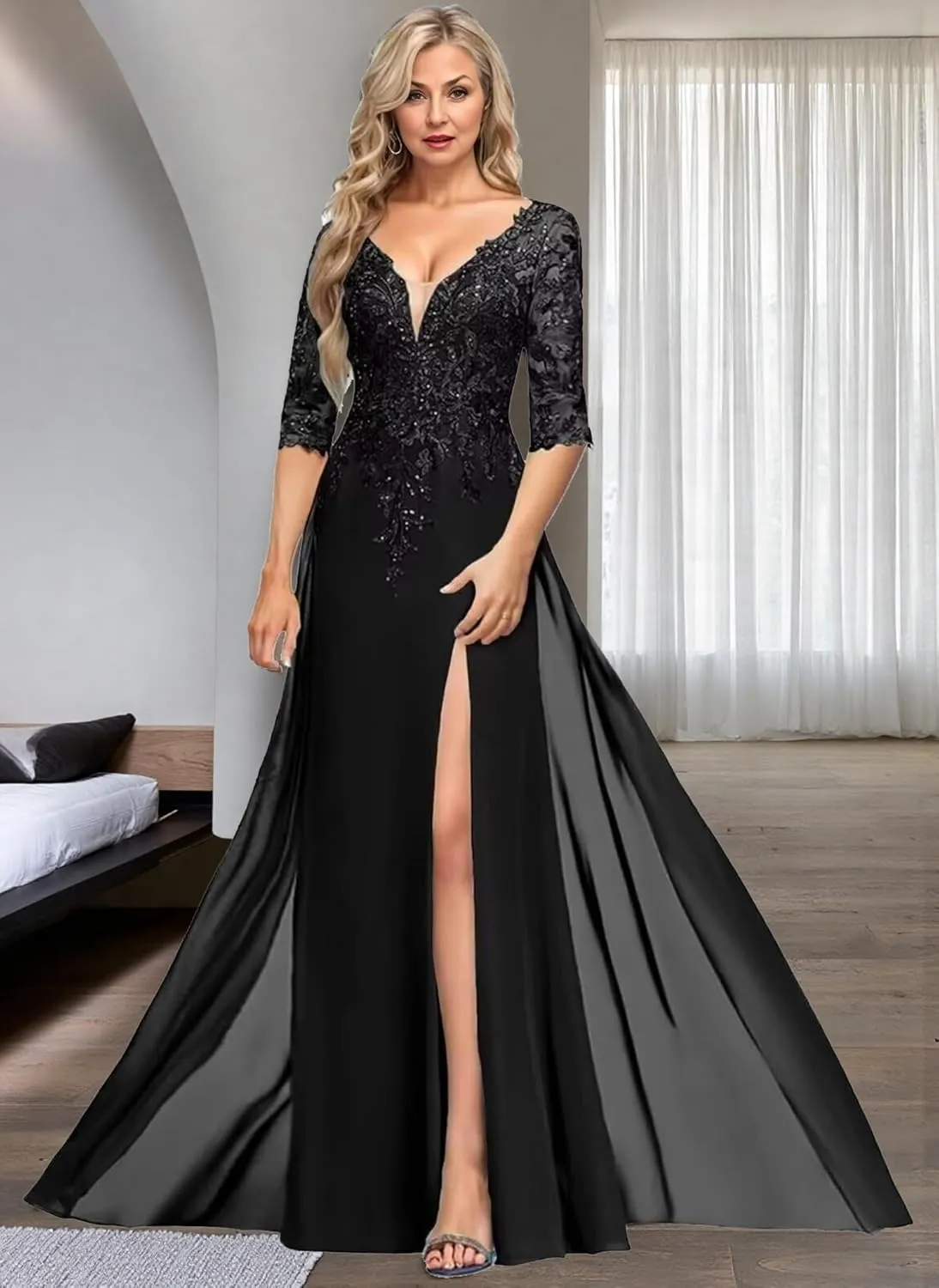 Lace Applique Mother of The Bride Dresses for Wedding 2025 V Neck Mother of Groom Formal Evening Gowns with Slit