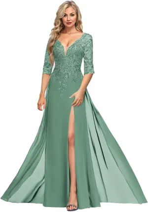 Lace Applique Mother of The Bride Dresses for Wedding 2025 V Neck Mother of Groom Formal Evening Gowns with Slit