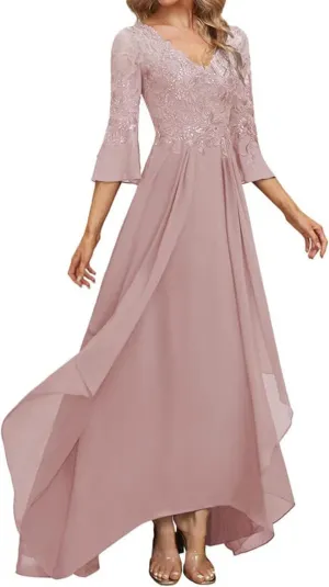 Lace Appliques Mother of The Bride Dresses for Wedding 3/4 Sleeve V Neck Chiffon Formal Evening Gowns