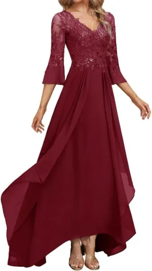 Lace Appliques Mother of The Bride Dresses for Wedding 3/4 Sleeve V Neck Chiffon Formal Evening Gowns