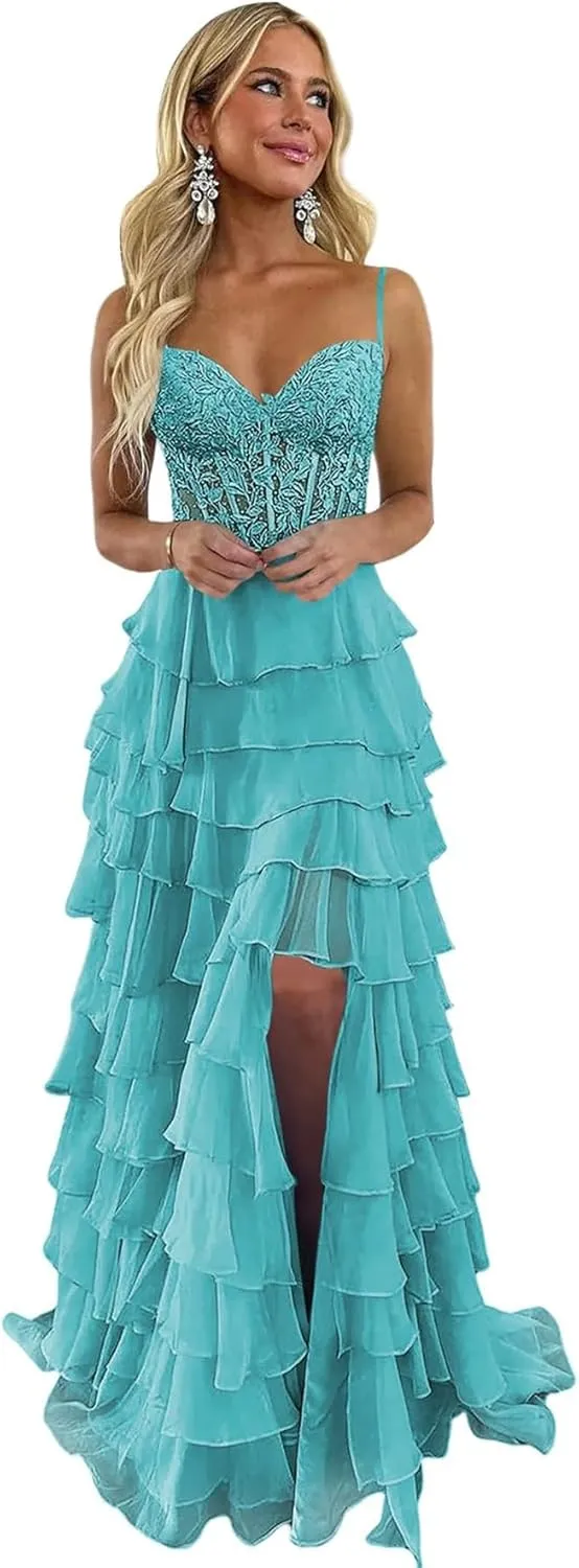 Lace Appliques Tiered Prom Dresses with Slit 2025 Spaghetti Strap Corset Ruffle Chiffon Formal Evening Gowns