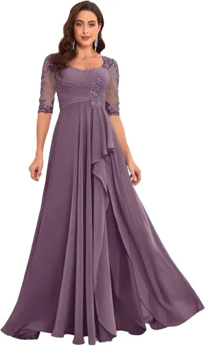 Lace Chiffon Mother of The Bride Dresses for Wedding Long Ruffle Half Sleeve Formal Evening Dress with Slit