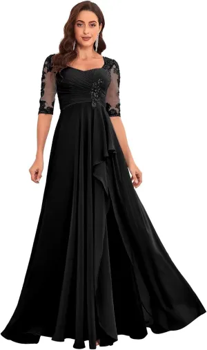Lace Chiffon Mother of The Bride Dresses for Wedding Long Ruffle Half Sleeve Formal Evening Dress with Slit