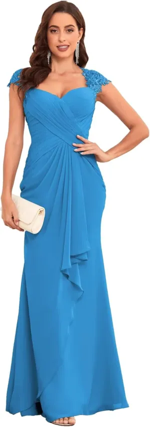 Lace Mermaid Mother of The Bride Dresses for Wedding Chiffon Pleated Formal Evening Dress
