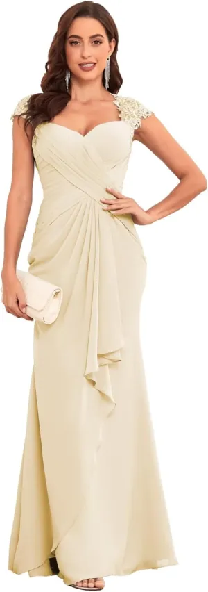 Lace Mermaid Mother of The Bride Dresses for Wedding Chiffon Pleated Formal Evening Dress