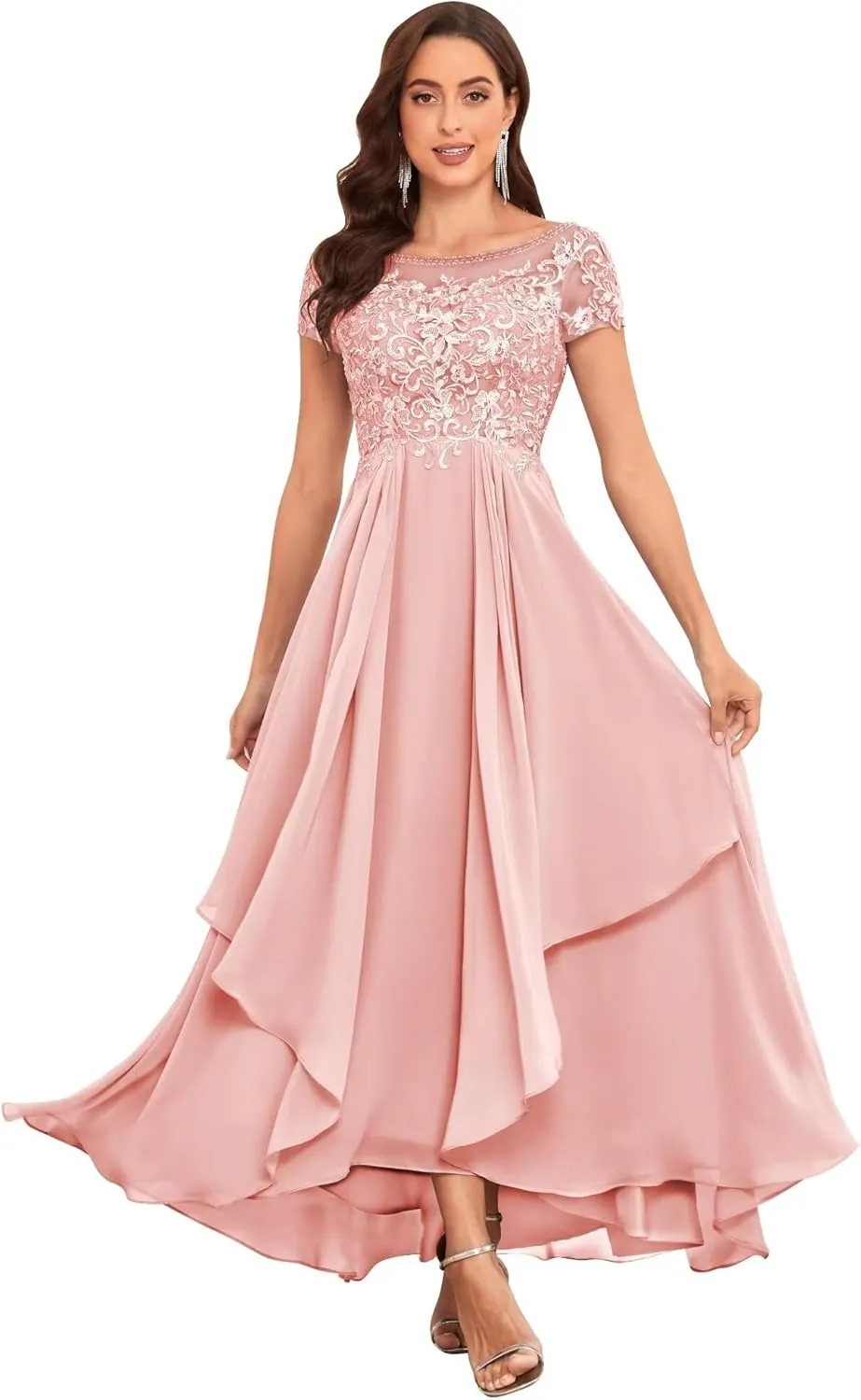 Lace Mother of The Bride Dresses for Wedding Short Sleeve Ruffle Chiffon Formal Evening Gown