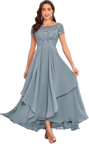 Lace Mother of The Bride Dresses for Wedding Short Sleeve Ruffle Chiffon Formal Evening Gown