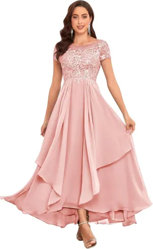 Lace Mother of The Bride Dresses for Wedding Short Sleeve Ruffle Chiffon Formal Evening Gown