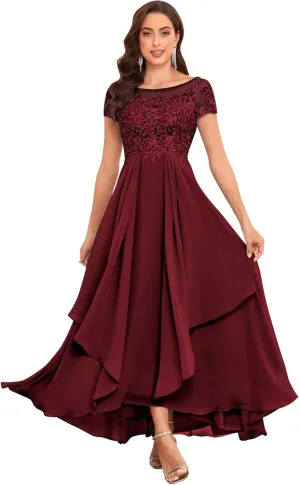 Lace Mother of The Bride Dresses for Wedding Short Sleeve Ruffle Chiffon Formal Evening Gown