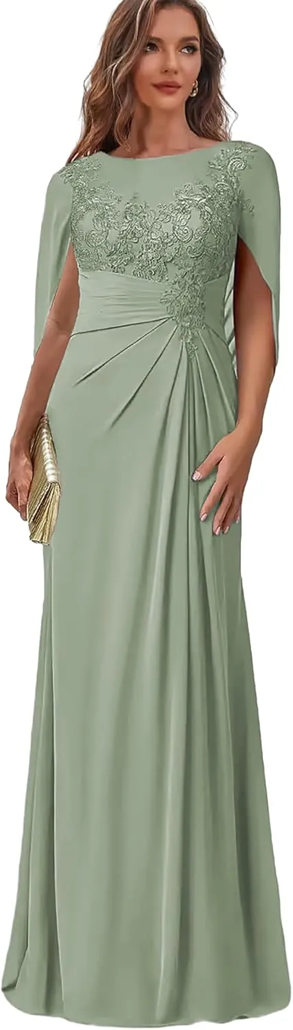 Lace Mother of The Bride Dresses for Women Mermaid Evening Dress with Cape Long Wedding Guest Formal Gown