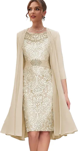 Lace Mother of The Bride Dresses with Jacket Long Sleeve Formal Dress 2 Pieces Evening Gowns for Women