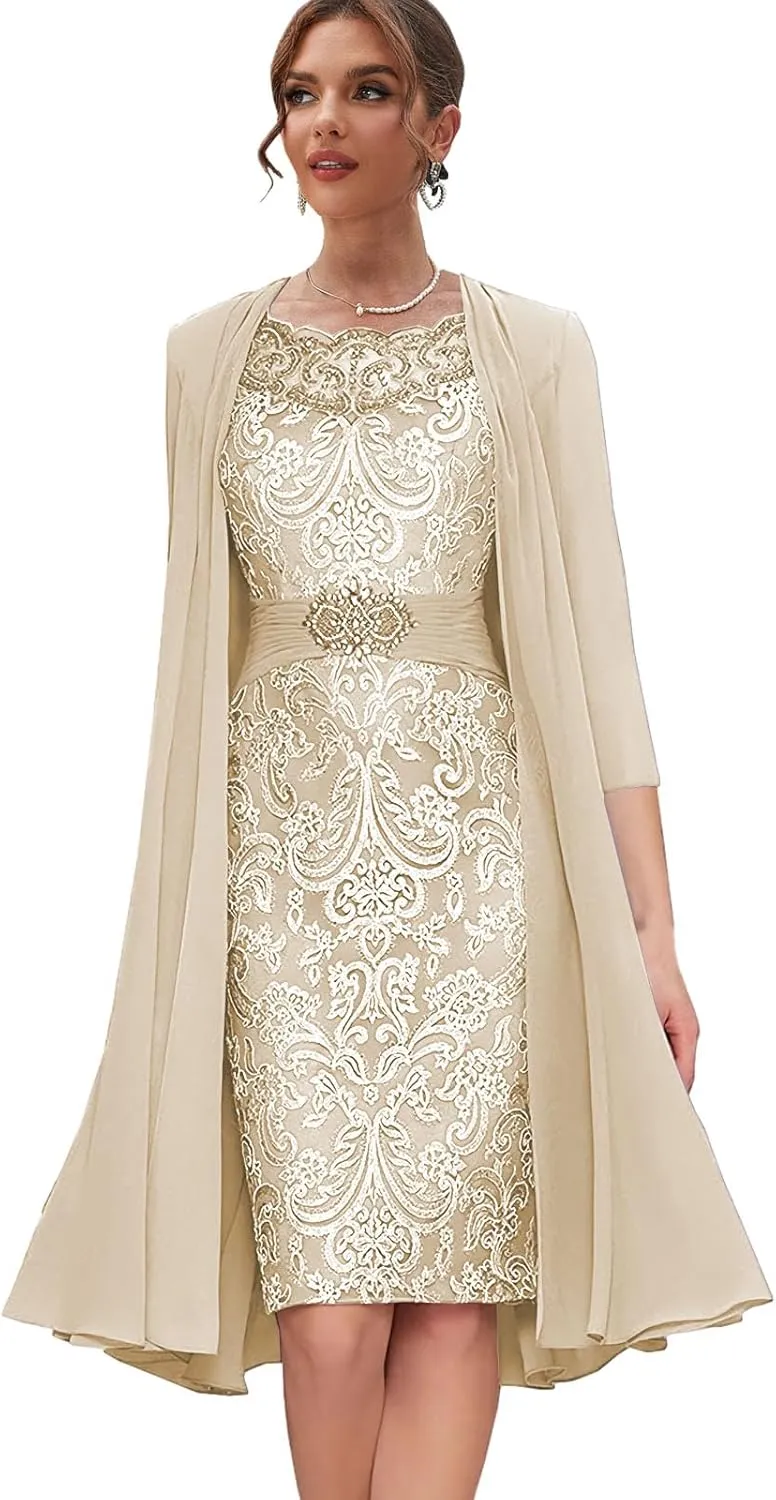 Lace Mother of The Bride Dresses with Jacket Long Sleeve Formal Dress 2 Pieces Evening Gowns for Women