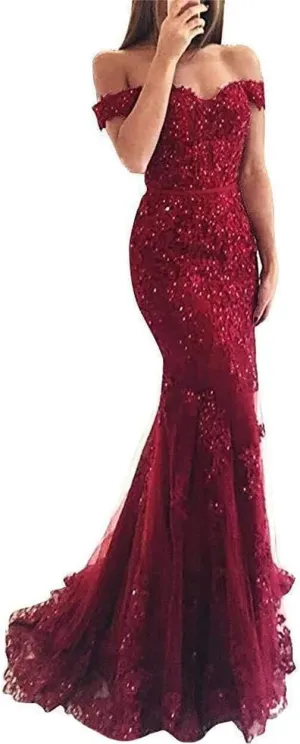 Lace Prom Dresses for Women Off Shoulder Mermaid Prom Dress Long Formal Evening Party Dress with Train PM040