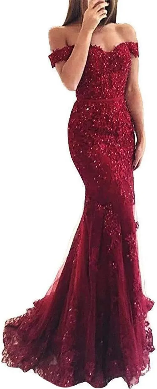 Lace Prom Dresses for Women Off Shoulder Mermaid Prom Dress Long Formal Evening Party Dress with Train PM040