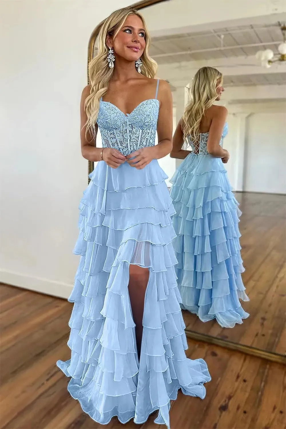 Lace Tiered Prom Dress with Slit 2025 Ruffle Sweetheart Spaghetti Strap Chiffon Formal Evening Dress IMC057
