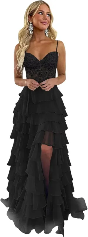 Lace Tiered Prom Dress with Slit 2025 Ruffle Sweetheart Spaghetti Strap Chiffon Formal Evening Dress IMC057