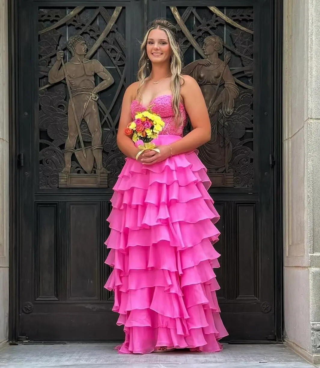 Lace Tiered Prom Dress with Slit 2025 Ruffle Sweetheart Spaghetti Strap Chiffon Formal Evening Dress IMC057