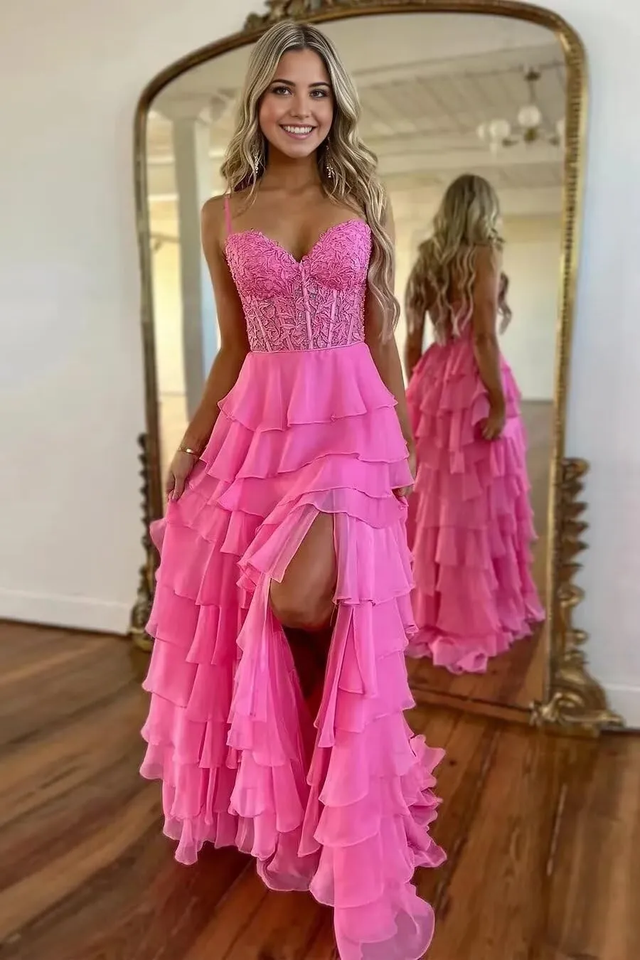 Lace Tiered Prom Dress with Slit 2025 Ruffle Sweetheart Spaghetti Strap Chiffon Formal Evening Dress IMC057