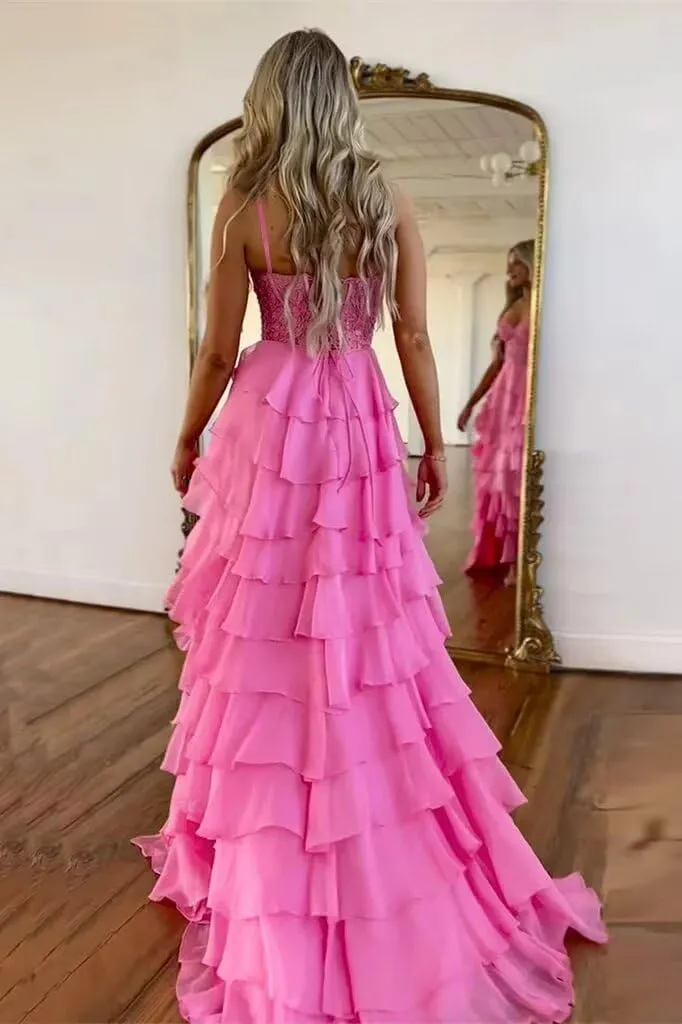 Lace Tiered Prom Dress with Slit 2025 Ruffle Sweetheart Spaghetti Strap Chiffon Formal Evening Dress IMC057