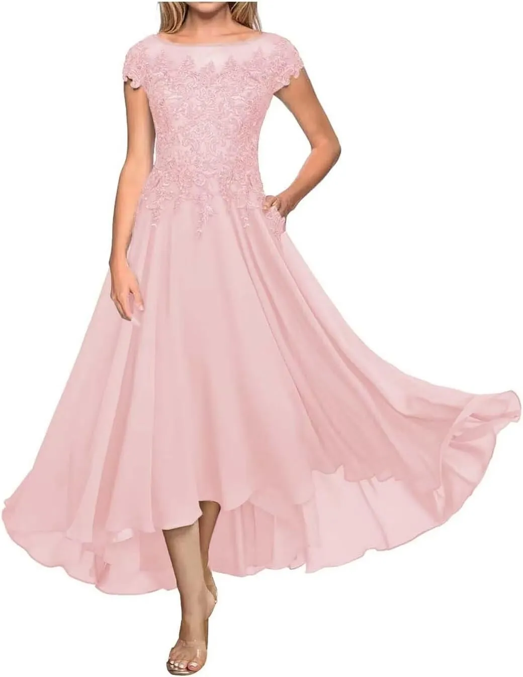 Laces Appliques Mother of The Bride Dresses Tea Length Chiffon Short Sleeve Wedding Guest Gowns with Pockets