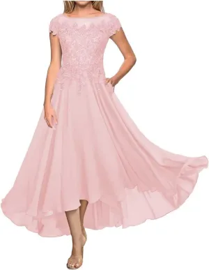 Laces Appliques Mother of The Bride Dresses Tea Length Chiffon Short Sleeve Wedding Guest Gowns with Pockets