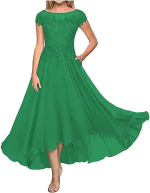 Laces Appliques Mother of The Bride Dresses Tea Length Chiffon Short Sleeve Wedding Guest Gowns with Pockets