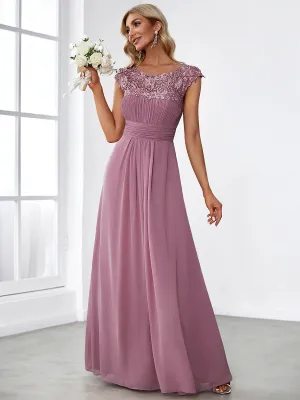 Lacey Neckline Open Back Ruched Bust Evening Dress