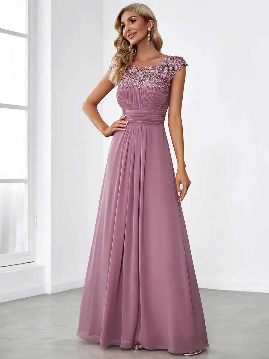 Lacey Neckline Open Back Ruched Bust Evening Dress