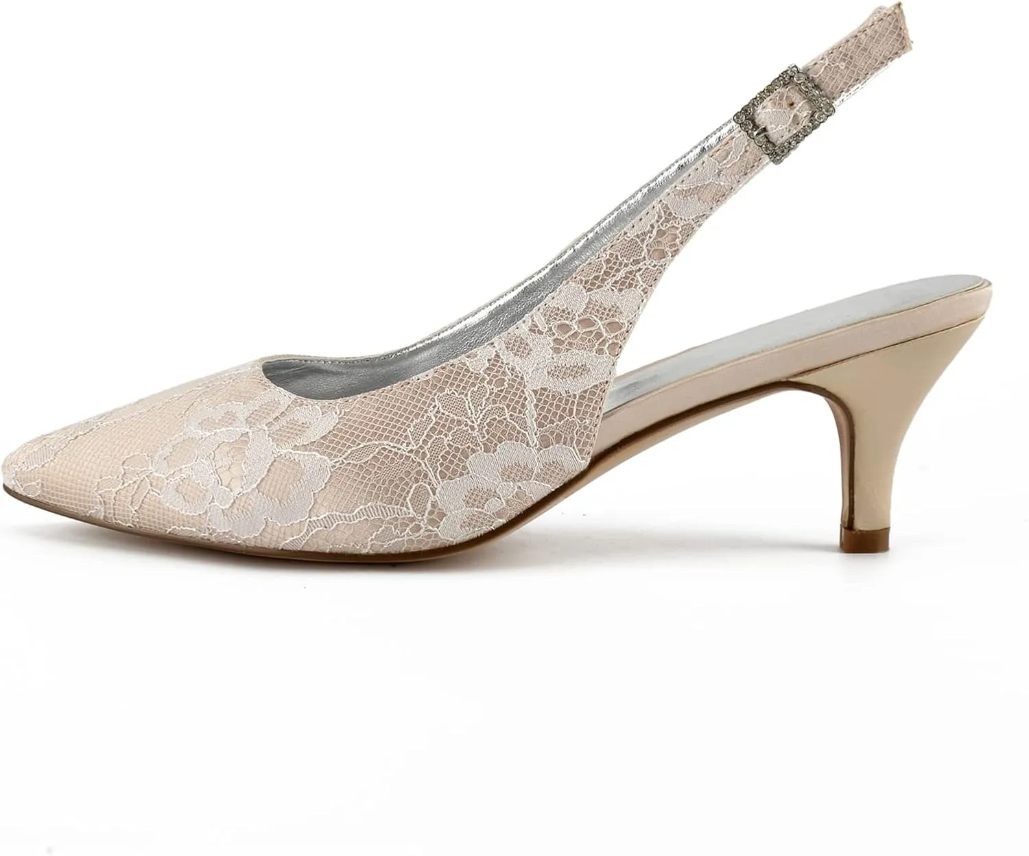 Ladies Ivory Lace Mesh Bridal Wedding Shoes Comfortable Mid Heel Ankle Strap Potty Toe Pumps 2.36 "Kitten Heel Evening Shoes