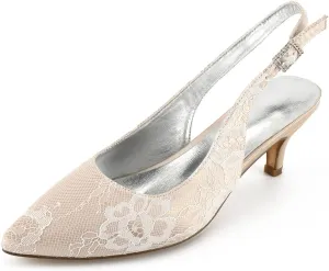 Ladies Ivory Lace Mesh Bridal Wedding Shoes Comfortable Mid Heel Ankle Strap Potty Toe Pumps 2.36 "Kitten Heel Evening Shoes