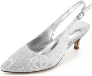 Ladies Ivory Lace Mesh Bridal Wedding Shoes Comfortable Mid Heel Ankle Strap Potty Toe Pumps 2.36 "Kitten Heel Evening Shoes,Silver,6