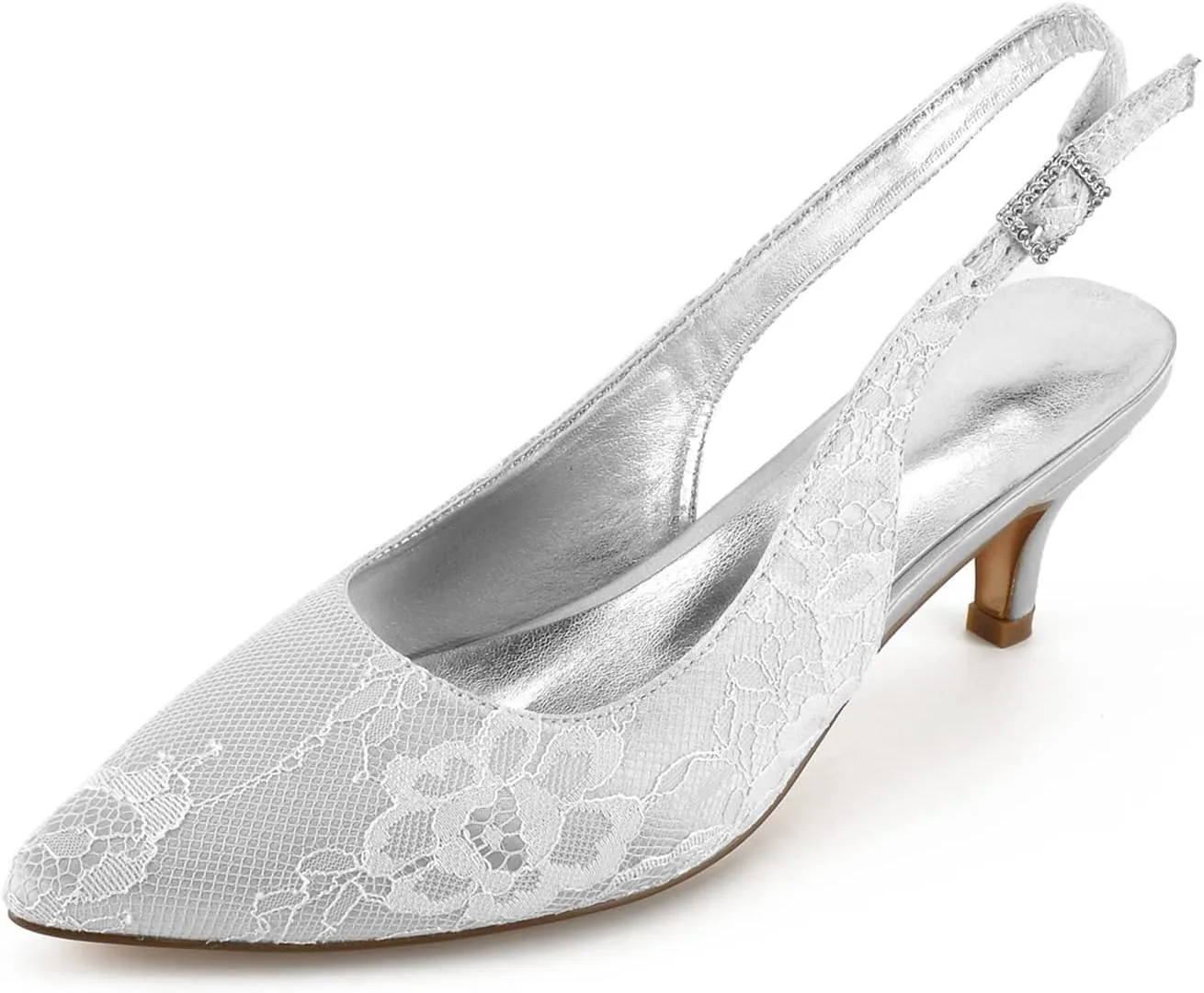 Ladies Ivory Lace Mesh Bridal Wedding Shoes Comfortable Mid Heel Ankle Strap Potty Toe Pumps 2.36 "Kitten Heel Evening Shoes,Silver,6