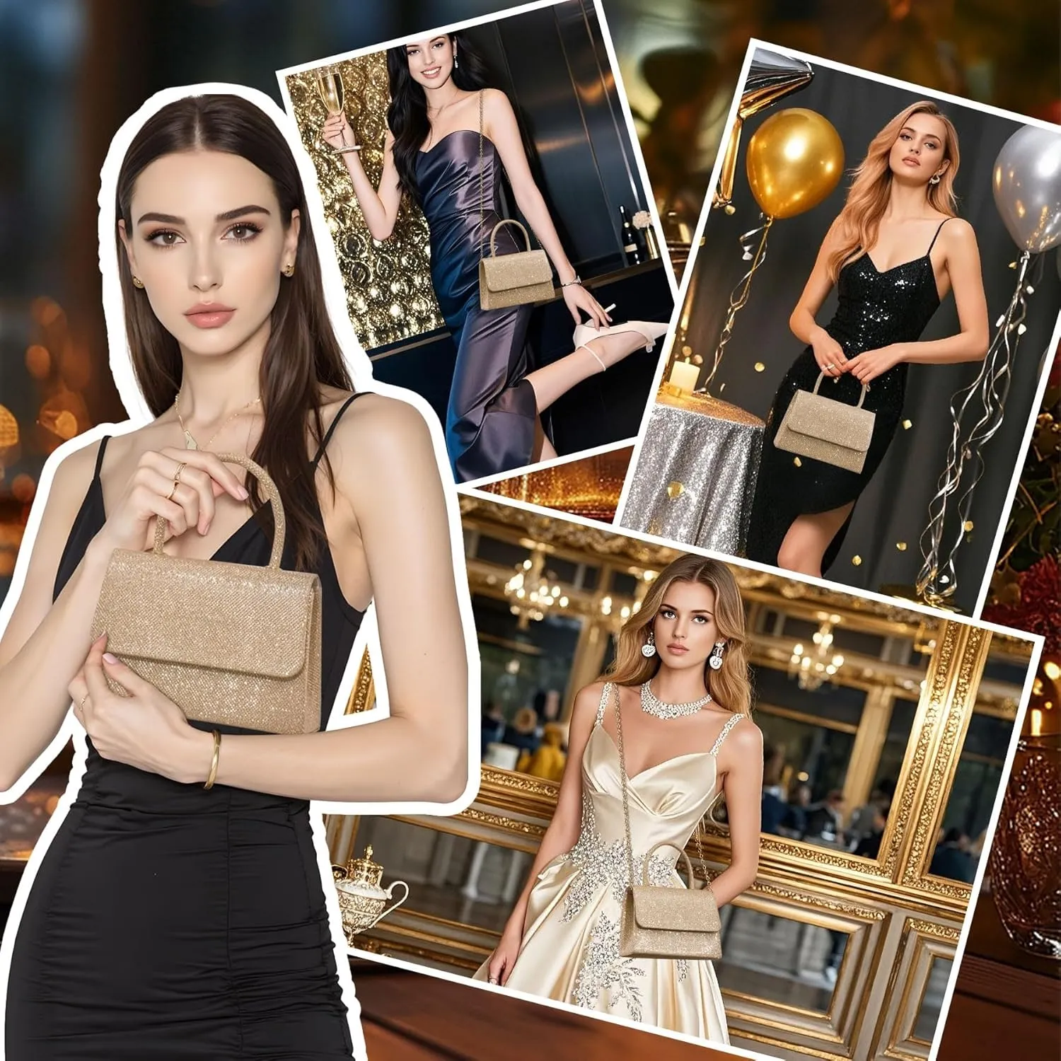 Larcenciel Women's Evening Handbags, Glitter Top Handle Evening Clutch Purse w/Chain for Party Prom Wedding Cocktail Club