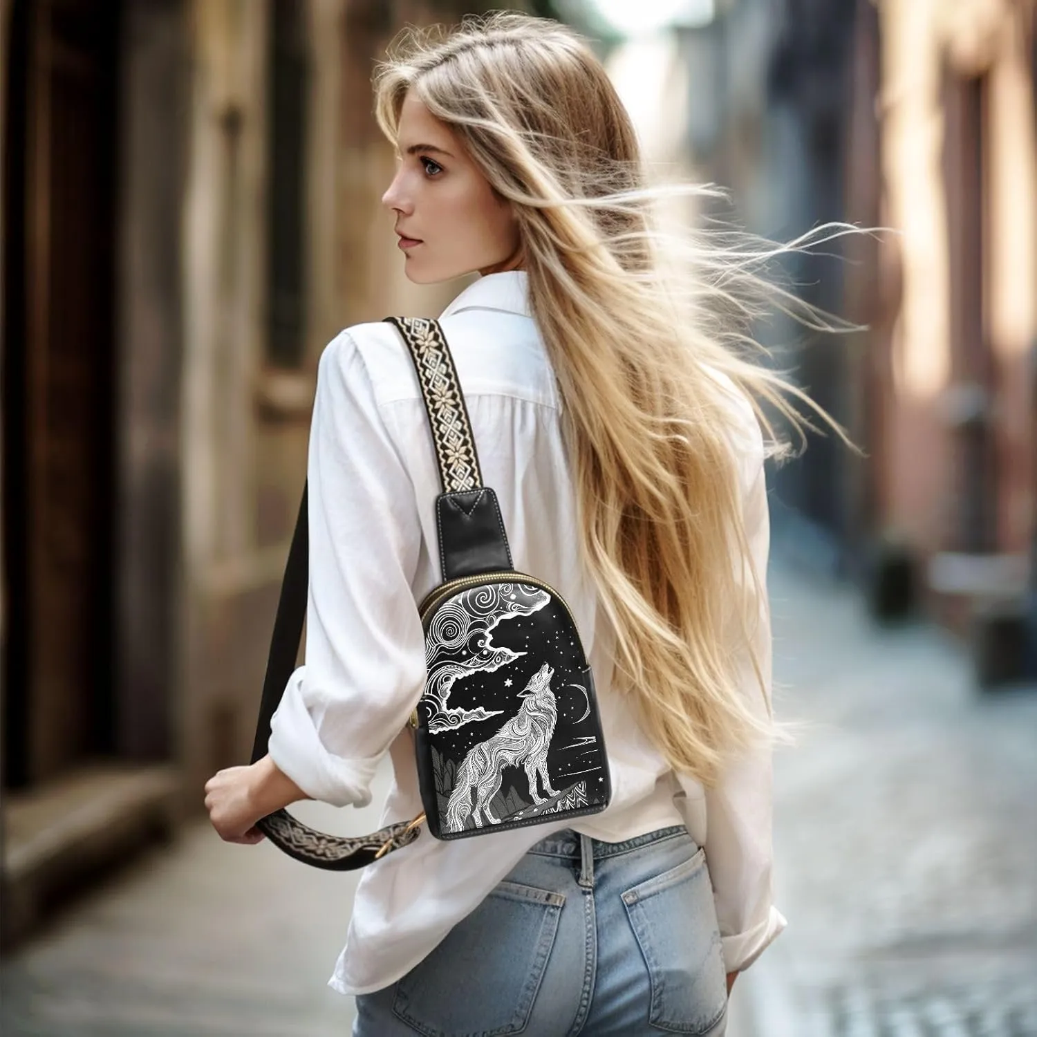 Leather Printed Sling Bag for Men Women Durable PU Leather Waterproof Crossbody Bag for Travel