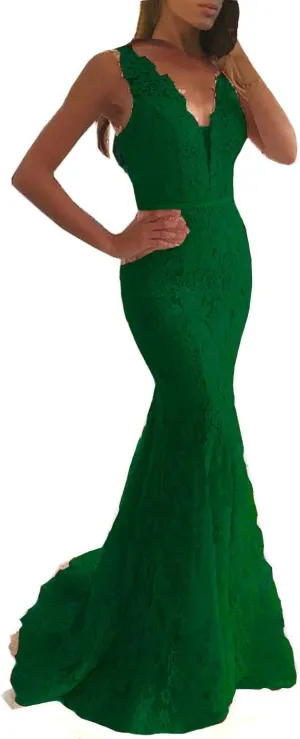 Lemai Women Beaded Lace Mermaid Long V Neck Prom Dresses Formal Evening Gown