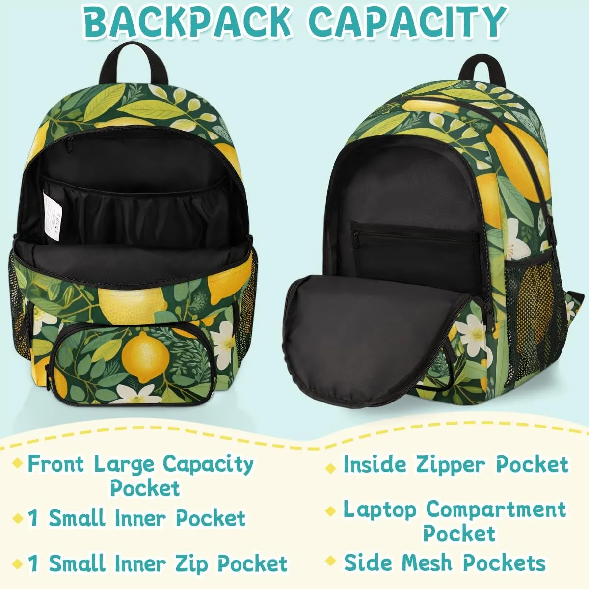 Lemon Carry on Travel Backpack for Women Men Water resistant Lightweight Rucksack Backpack for Weekender Casual Work Hiking Summer Fruit and Floral