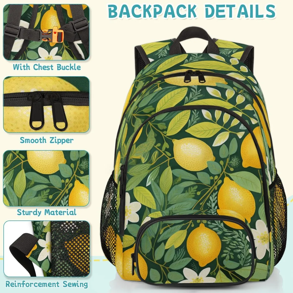 Lemon Carry on Travel Backpack for Women Men Water resistant Lightweight Rucksack Backpack for Weekender Casual Work Hiking Summer Fruit and Floral