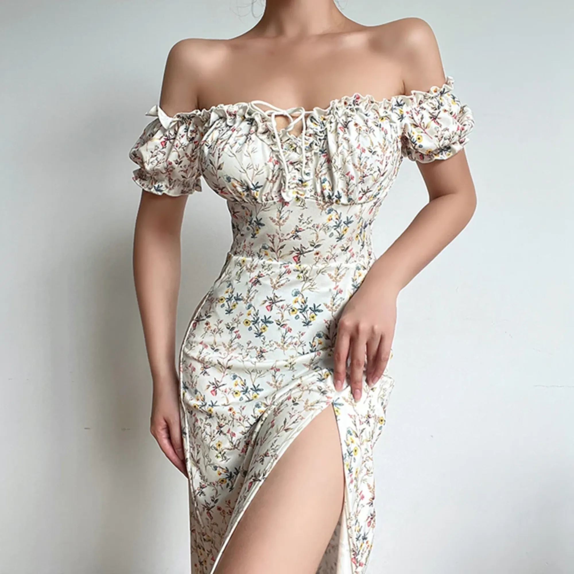 Lia - Off The Shoulder Floral Print High Split Dress