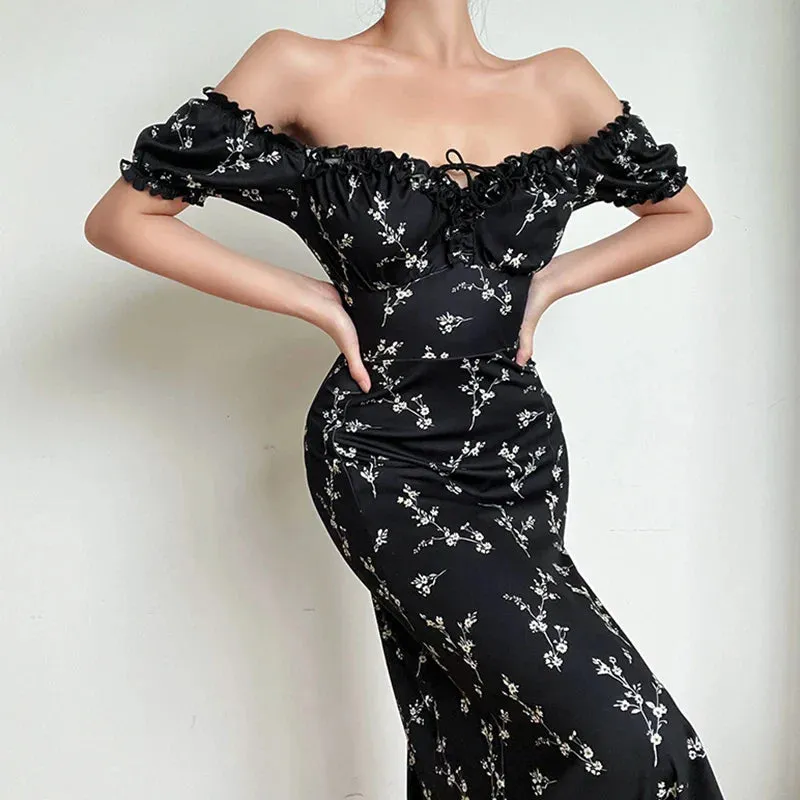 Lia - Off The Shoulder Floral Print High Split Dress