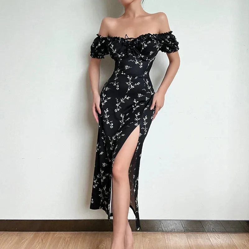 Lia - Off The Shoulder Floral Print High Split Dress