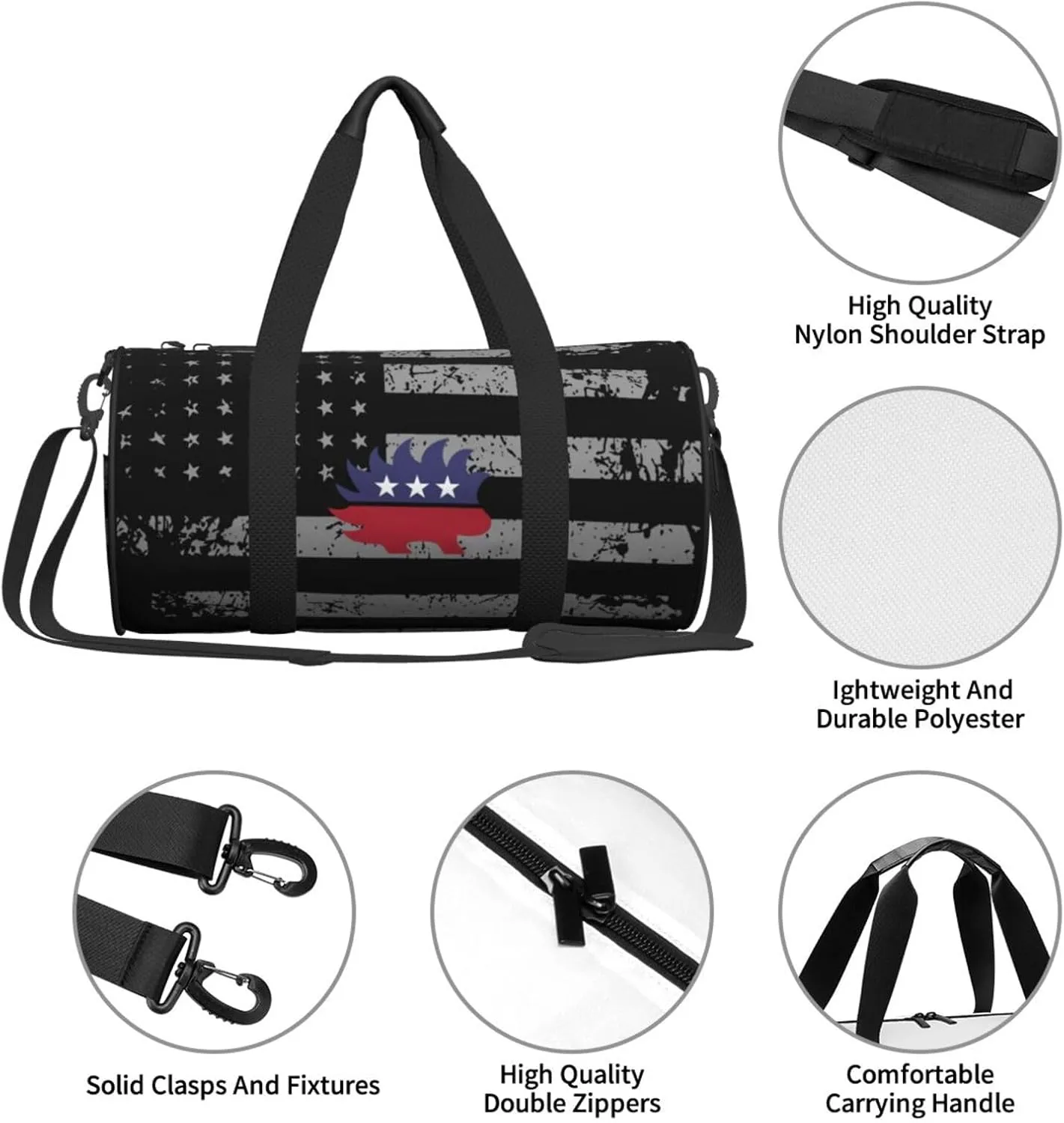 Libertarian Porcupine Travel Luggage Duffel Bag Sports Rolling Foldable Duffel Bag, Black
