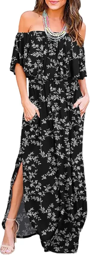 LILBETTER Womens Off The Shoulder Ruffle Party Dresses Side Split Beach Maxi Dress