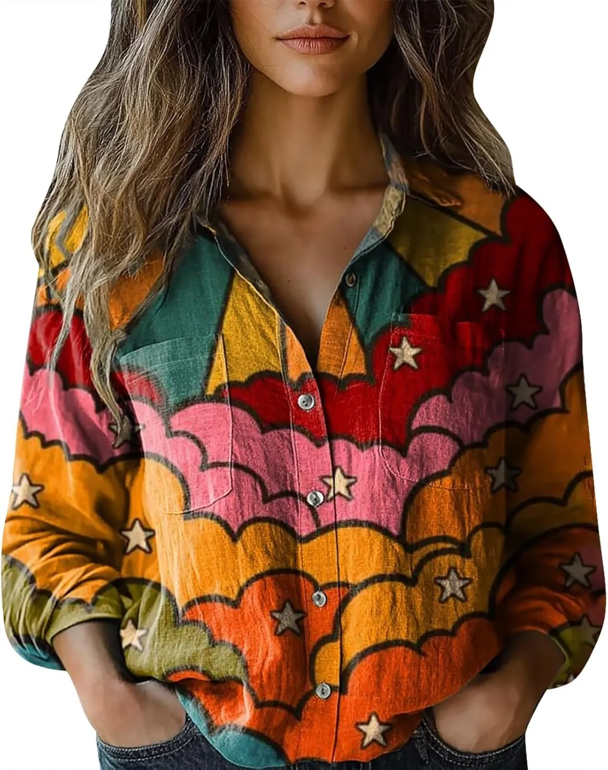 Linen Button Down Shirts for Women Long Sleeve Collared Ethic Floral Print Boho Blouses Retro Gauze Summer Tops