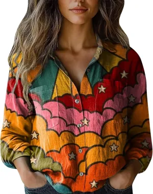 Linen Button Down Shirts for Women Long Sleeve Collared Ethic Floral Print Boho Blouses Retro Gauze Summer Tops